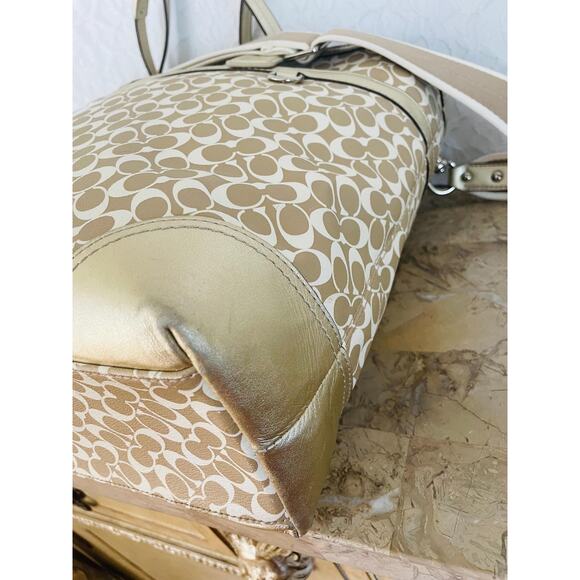 Vtg coach L diaper bag coated canvas/ leaher beige/gold tote shoulder bag F15184 - Picture 6 of 9